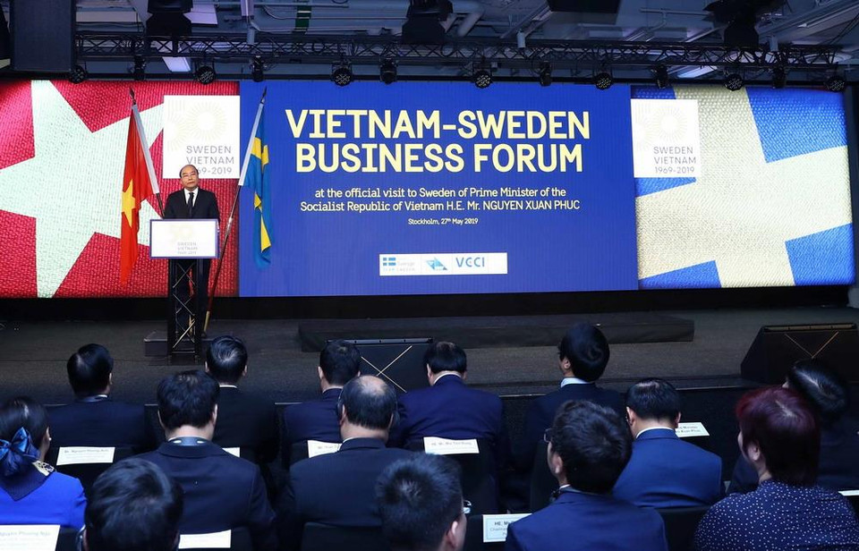 Thủ tướng Nguyễn Xuân Phúc phát biểu tại diễn đàn Doanh nghiệp Việt Nam-Thụy Điển. (Ảnh: Thống Nhất/TTXVN)
