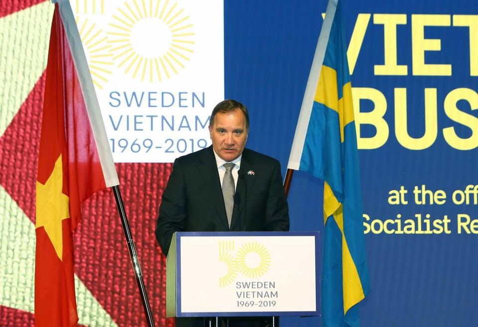 Thủ tướng Thụy Điển Stefan Löfven phát biểu tại diễn đàn Doanh nghiệp Việt Nam-Thụy Điển. (Ảnh: Thống Nhất/TTXVN)