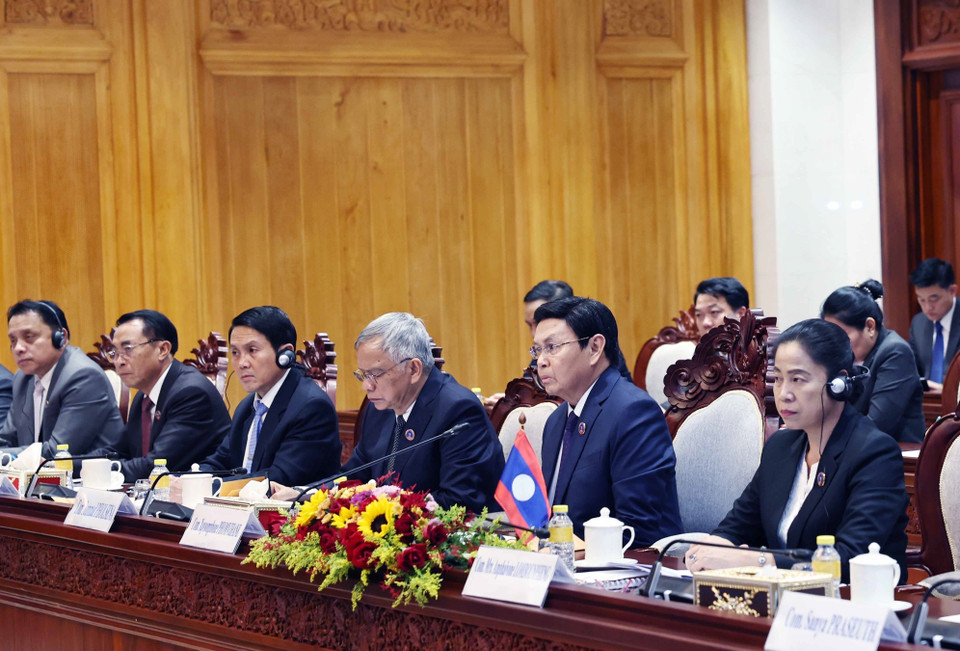 Chủ tịch Quốc hội Lào Saysomphone Phomvihane phát biểu. (Ảnh: Thống Nhất/TTXVN)