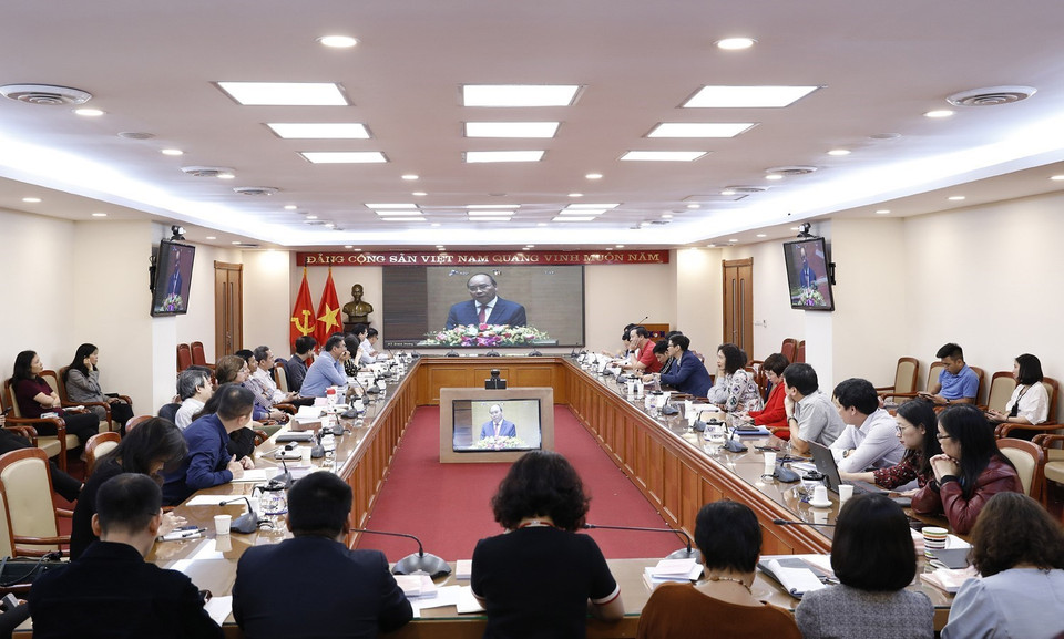 Ban lãnh đạo, Ban Thường vụ Đảng ủy, Ban Chấp hành Đảng bộ TTXVN và đại biểu dự hội nghị tại điểm cầu Thông tấn xã Việt Nam (Hà Nội). (Ảnh: Dương Giang/TTXVN)