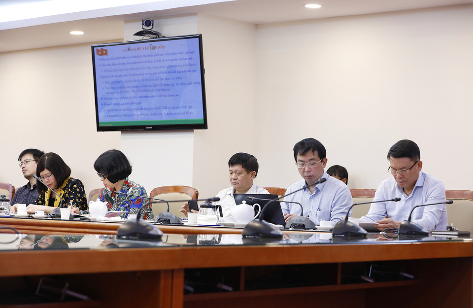 Ban lãnh đạo, Thường vụ Đảng ủy TTXVN dự hội nghị tại điểm cầu Thống tấn xã Việt Nam (Hà Nội). (Ảnh: Dương Giang/TTXVN)