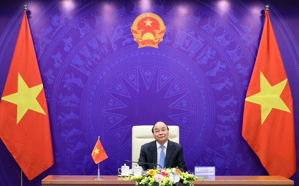 Thủ tướng Nguyễn Xuân Phúc phát biểu tại điểm cầu Hà Nội. (Ảnh: Thống Nhất/TTXVN)