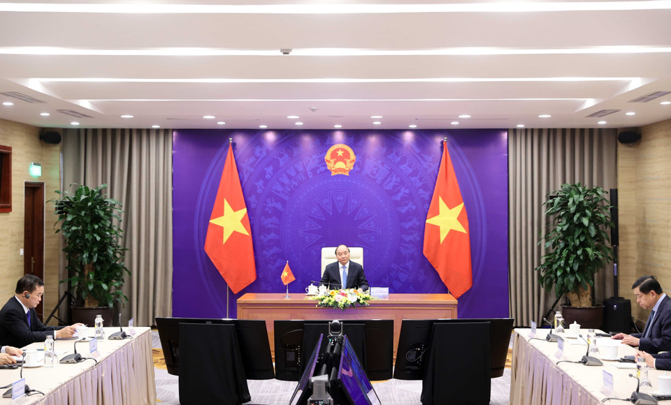 Thủ tướng Nguyễn Xuân Phúc phát biểu tại điểm cầu Hà Nội. (Ảnh: Thống Nhất/TTXVN)