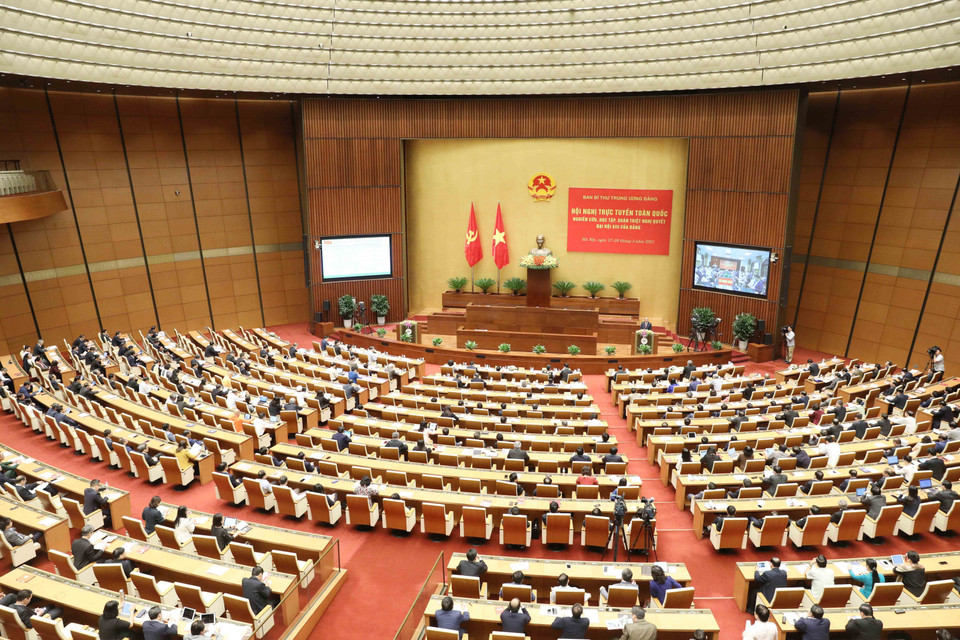 Toàn cảnh hội nghị tại điểm cầu chính - Phòng họp Diên Hồng, Nhà Quốc hội (Hà Nội). (Ảnh: Phương Hoa/TTXVN)