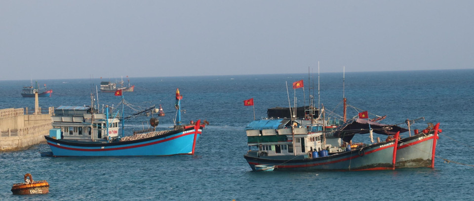 Cờ Tổ quốc tung bay phấp phới trên nóc tàu đánh cá của ngư dân Việt Nam neo đậu tại đảo Đá Tây A (quần đảo Trường Sa). (Ảnh: Sỹ Tuyên/TTXVN)