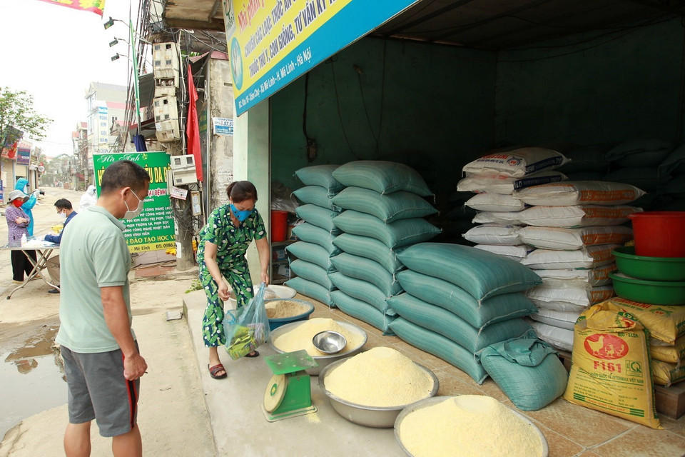 Người dân mua bán tại một cửa hàng lương thực và thức ăn chăn nuôi tại thôn Hạ Lôi. (Ảnh: Minh Quyết/TTXVN)