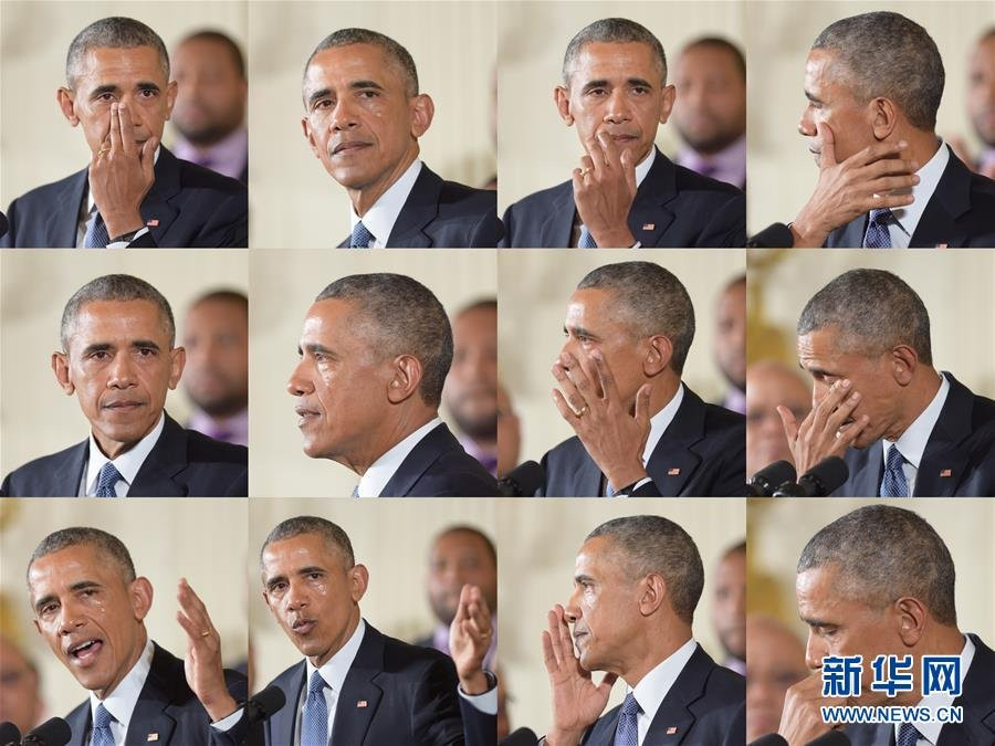 Ngày 5/1, Tổng thống Mỹ Barack Obama đã rớt nước mắt trong buổi họp báo về an ninh súng đạn tại Phòng Đông (East Room) của Nhà Trắng. (Nguồn: Tân Hoa xã)