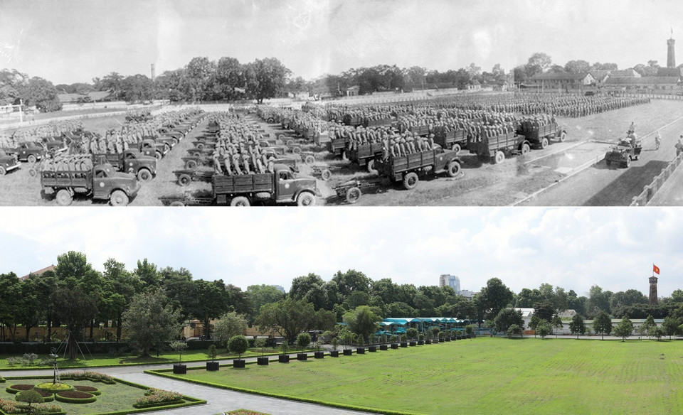 Các đơn vị thuộc Đại đoàn 308 tiếp quản Hà Nội tiến hành nghi lễ chào cờ đầu tiên trong Ngày giải phóng Thủ đô, diễn ra tại sân Cột Cờ (nay là Đoan Môn - Hoàng thành Thăng Long) vào lúc 15 giờ ngày 10/10/1954 và khu di tích Hoàng thành Thăng Long ngày nay. (Ảnh: Tư liệu-Minh Quyết/TTXVN)