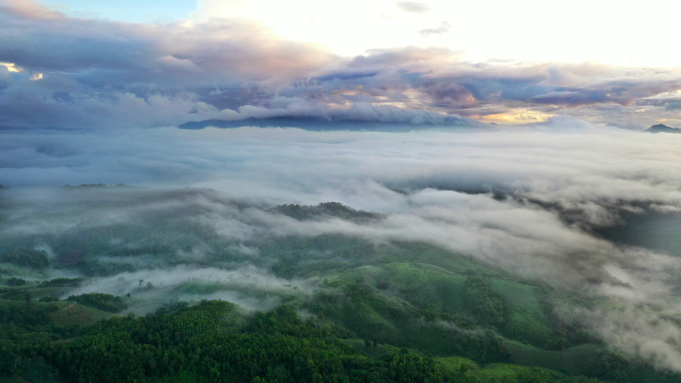 Sương bồng bềnh bao phủ lên núi rừng Pa Nang. (Ảnh: Hồ Cầu/TTXVN)
