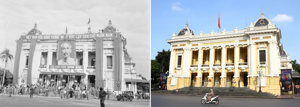 Nhà hát Lớn Hà Nội trong ngày Ủy ban Quân chính ra mắt nhân dân Thủ đô (10/1954) và hôm nay. (Ảnh: Tư liệu-Minh Quyết/TTXVN)
