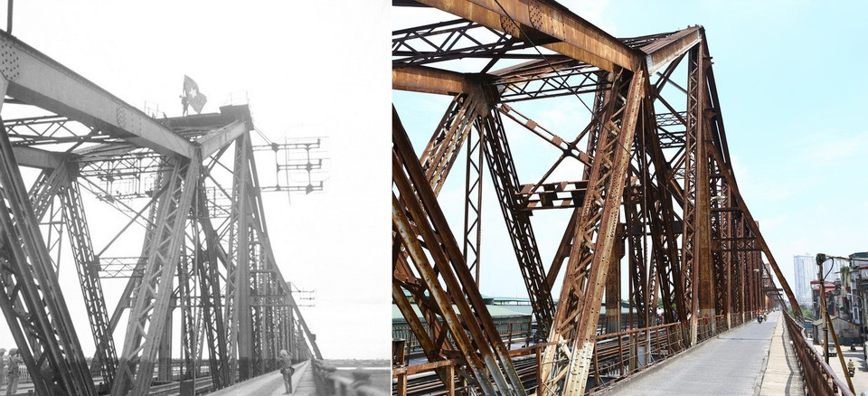 Chiến sỹ của ta cắm lá cờ giải phóng trên cầu Long Biên. (Ảnh: Tư liệu-Minh Quyết/TTXVN)