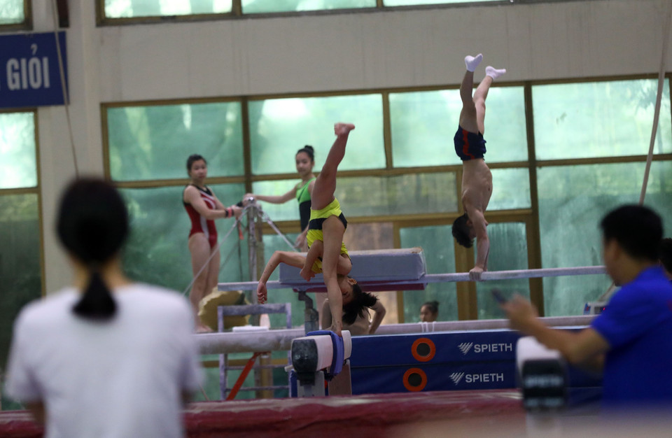 Các vận động viên đội tuyển Thể dục dụng cụ hăng say tập luyện. (Ảnh: Huy Hùng/TTXVN)