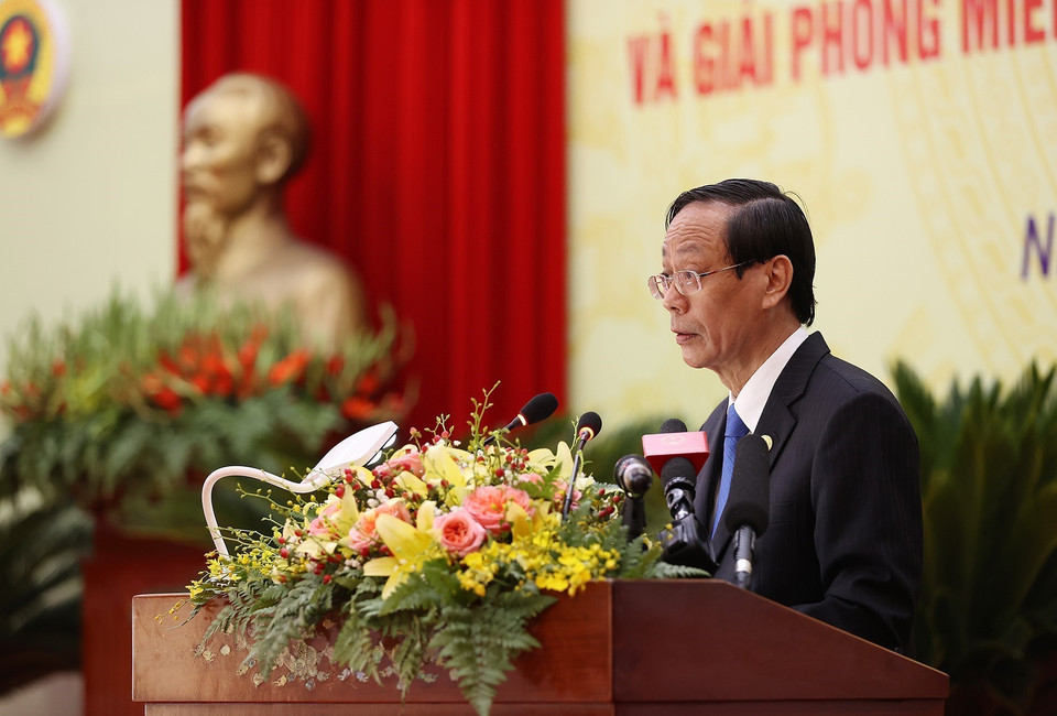 Ông Nguyễn Đức Thanh, Ủy viên Trung ương Đảng, Bí thư Tỉnh uỷ Ninh Thuận, đọc diễn văn tại lễ kỷ niệm. (Ảnh: Dương Giang/TTXVN)