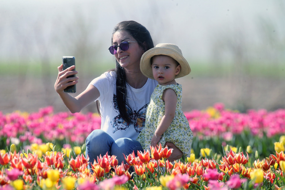 Du khách ngắm hoa tại Lễ hội hoa tulip ở Istanbul, Thổ Nhĩ Kỳ, ngày 25/4/2022. (Ảnh: THX/TTXVN)