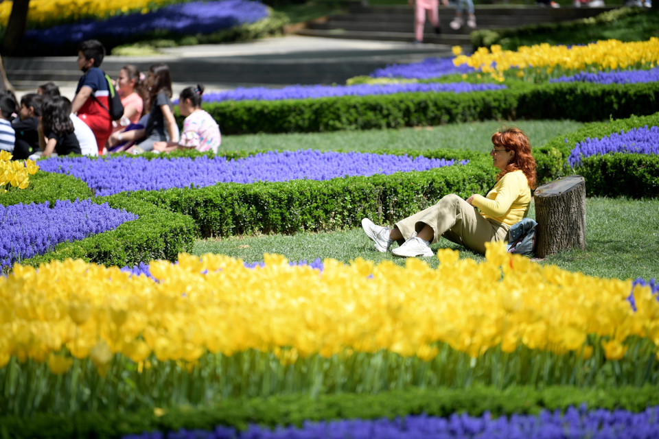 Du khách ngắm hoa tại Lễ hội hoa tulip ở Istanbul, Thổ Nhĩ Kỳ, ngày 25/4/2022. (Ảnh: THX/TTXVN)