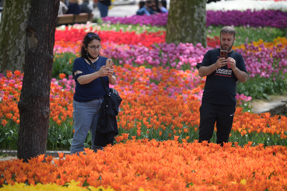 Du khách ngắm hoa tại Lễ hội hoa tulip ở Istanbul, Thổ Nhĩ Kỳ, ngày 25/4/2022. (Ảnh: THX/TTXVN)