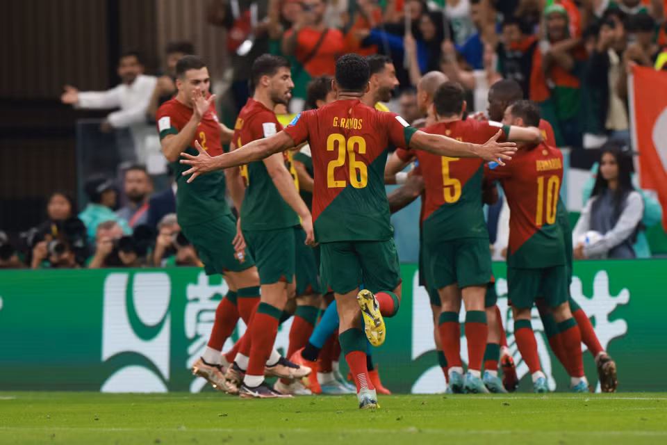 Đội tuyển Bồ Đào Nha đã giành tấm vé cuối cùng vào tứ kết World Cup 2022 sau trận thắng "hủy diệt" 6-1 trước Thụy Sĩ ở vòng 1/8. (Ảnh: Hải An/Vietnam+)