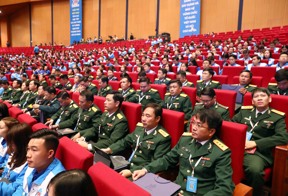 Đoàn đại biểu thanh niên Quân đội tham dự lễ khai mạc Đại hội Đoàn toàn quốc lần thứ XII. (Ảnh: Phạm Kiên/TTXVN)