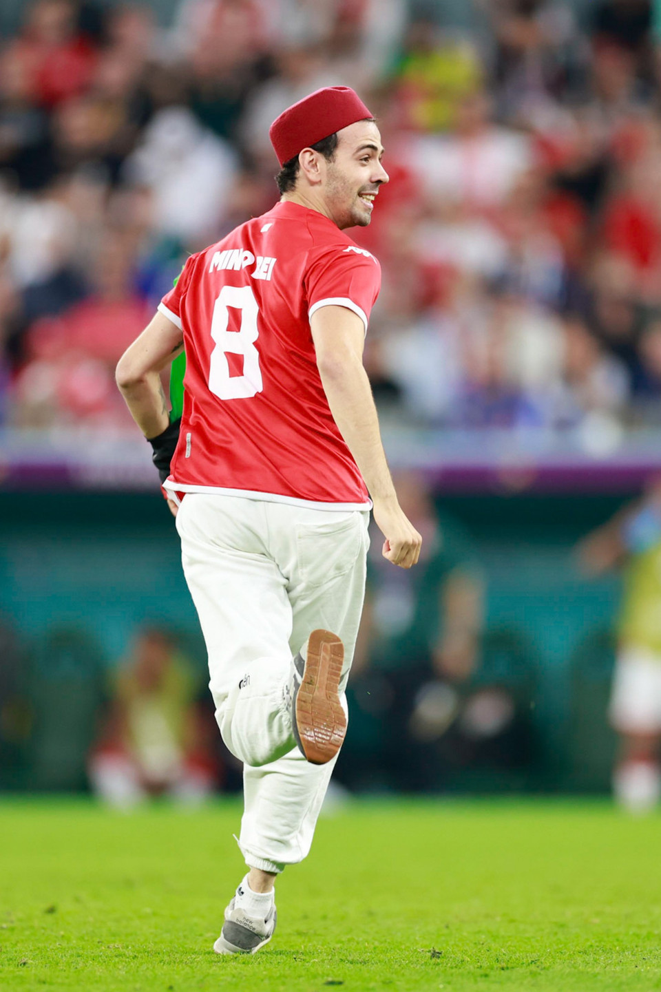 Một cổ động viên cầm theo lá cờ Palestine đã chạy thẳng xuống sân cỏ trong trận đấu giữa hai đội tuyển Pháp-Tunisia trong khuôn khổ World Cup 2022. (Ảnh: Hải An/Vietnam+)