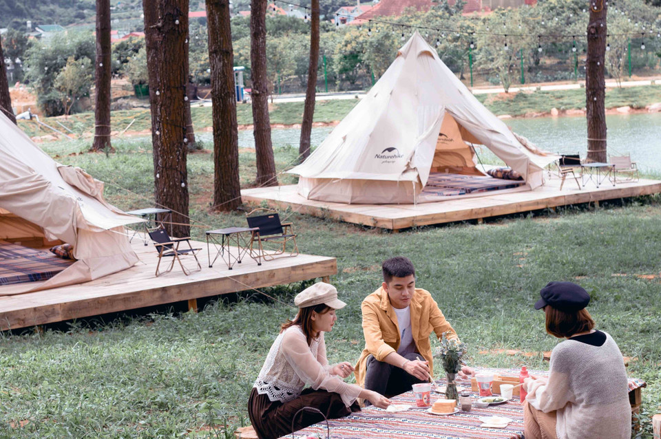 Du khách cắm trại tại Khu du lịch Rừng thông bản Áng, tại xã Đông Sang (Môc Châu, Sơn La). (Ảnh: Quang Quyết/TTXVN)