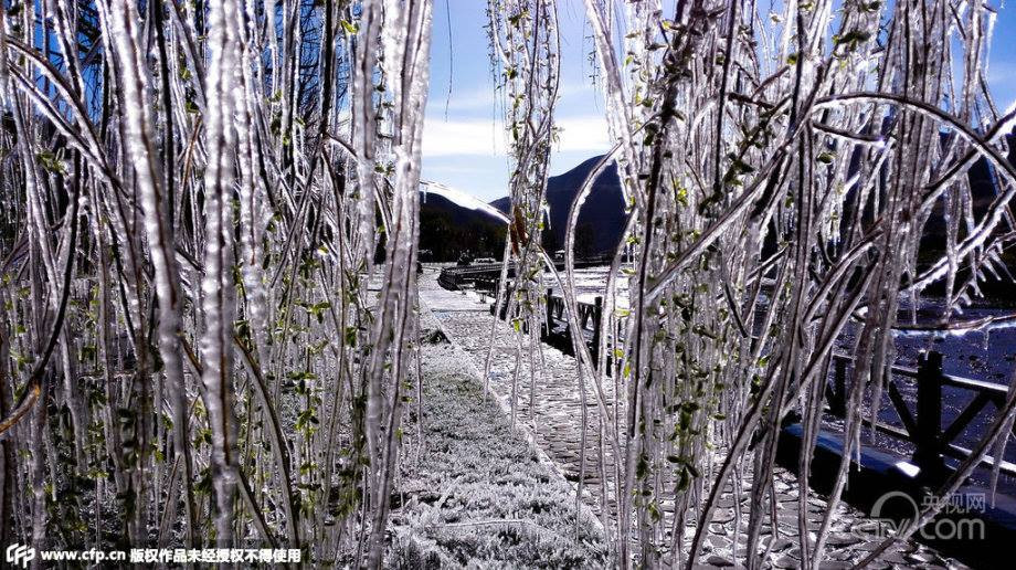 Nhiệt độ giảm về đêm, cộng thêm vệc xuất hiện mưa tuyết khiến các lớp băng xuất hiện. (Nguồn: CCTV)