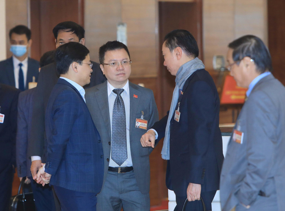 Các đại biểu thảo luận trước giờ họp đoàn, sáng 29/1. (Nguồn: TTXVN)