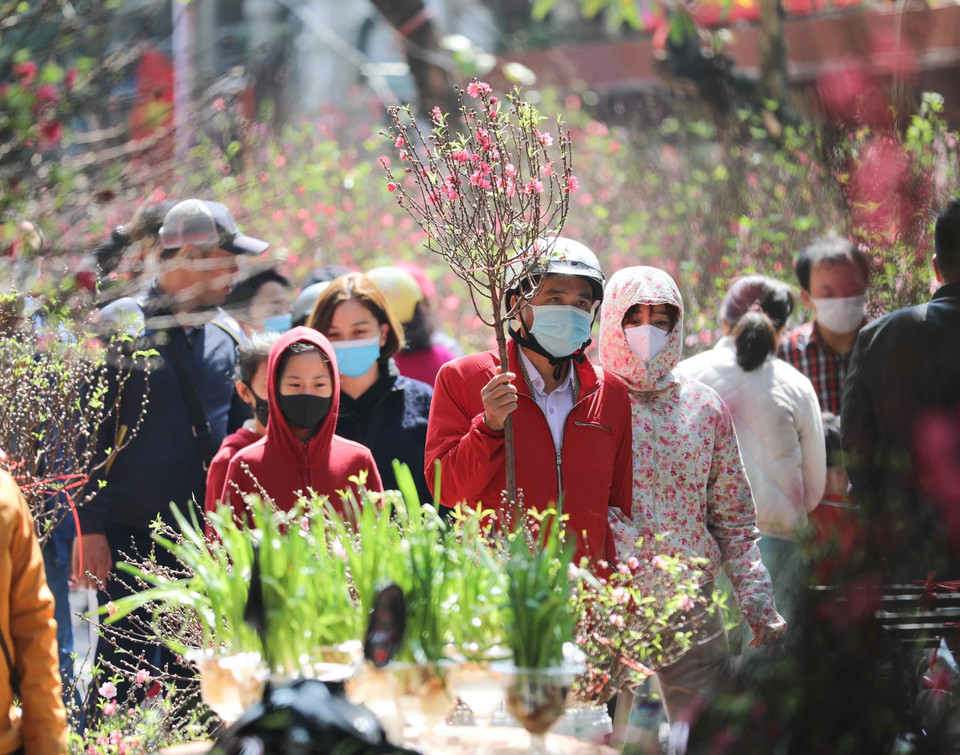 Người dân đi chợ hoa Tết truyền thống trong ngày 29 Tết đều thực hiện nghiêm túc việc đeo khẩu trang để phòng chống dịch. (Ảnh: Thanh Tùng/TTXVN)