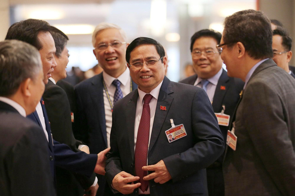 Đồng chí Phạm Minh Chính, Uỷ viên Bộ Chính trị, Bí thư Trung ương Đảng, Trưởng Ban Tổ chức Trung ương và các đại biểu dự Đại hội. (Nguồn: TTXVN)