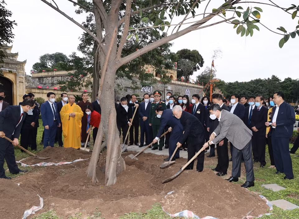 Tổng Bí thư, Chủ tịch nước Nguyễn Phú Trọng trồng cây lưu niệm tại Khu Di tích Hoàng thành Thăng Long. (Ảnh : Trí Dũng/TTXVN)