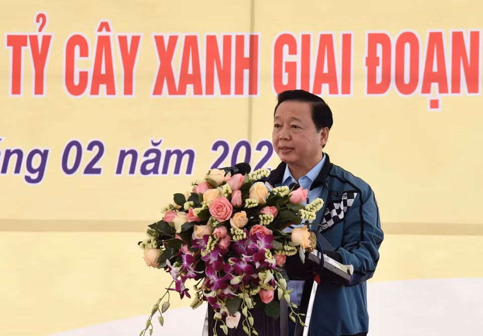Bộ trưởng Bộ Tài nguyên và Môi trường Trần Hồng Hà phát biểu tại buổi lễ. (Ảnh: TTXVN)