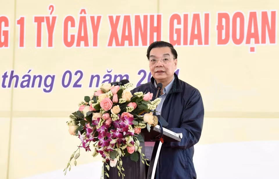 Chủ tịch Ủy ban Nhân dân thành phố Hà Nội Chu Ngọc Anh phát biểu tại buổi lễ. (Ảnh: TTXVN)