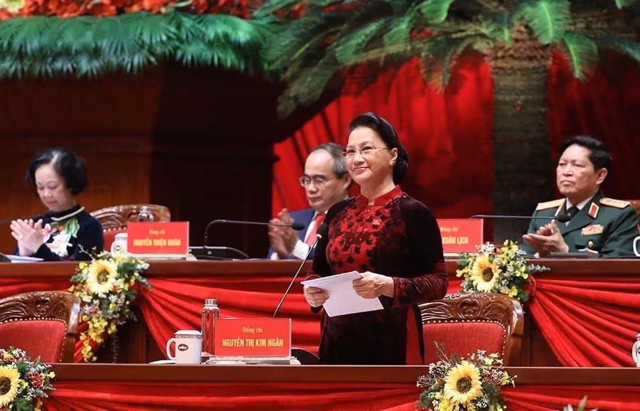 Đồng chí Nguyễn Thị Kim Ngân, Ủy viên Bộ Chính trị, Chủ tịch Quốc hội thay mặt Đoàn Chủ tịch điều hành phiên khai mạc Đại hội. (Nguồn: TTXVN)