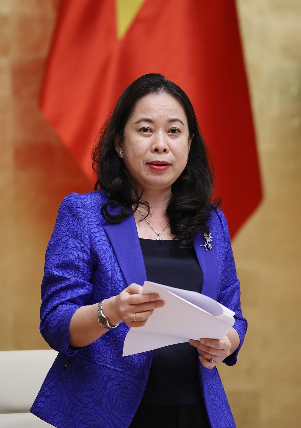 Phó Chủ tịch nước Võ Thị Ánh Xuân, Phó Chủ tịch thứ nhất Hội đồng Thi đua-Khen thưởng Trung ương, báo cáo Dự thảo quy chế hoạt động của Hội đồng. (Ảnh: Dương Giang/TTXVN)