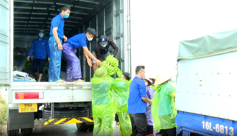 Người dân Gia Bình, tỉnh Bắc Ninh gửi thực phẩm đến người dân vùng tâm dịch Hà Nội. (Ảnh: Đinh Văn Nhiều/TTXVN)