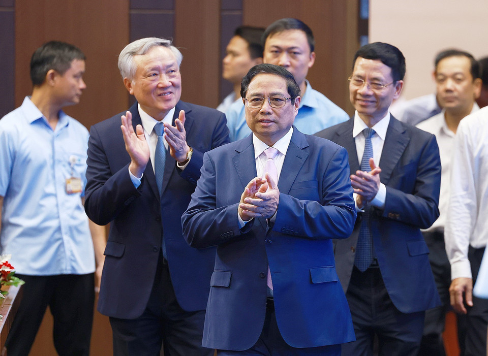 Thủ tướng Phạm Minh Chính dự Hội nghị giới thiệu mô hình chuyển đổi số thành công cấp bộ, ngành. (Ảnh: Dương Giang/TTXVN)