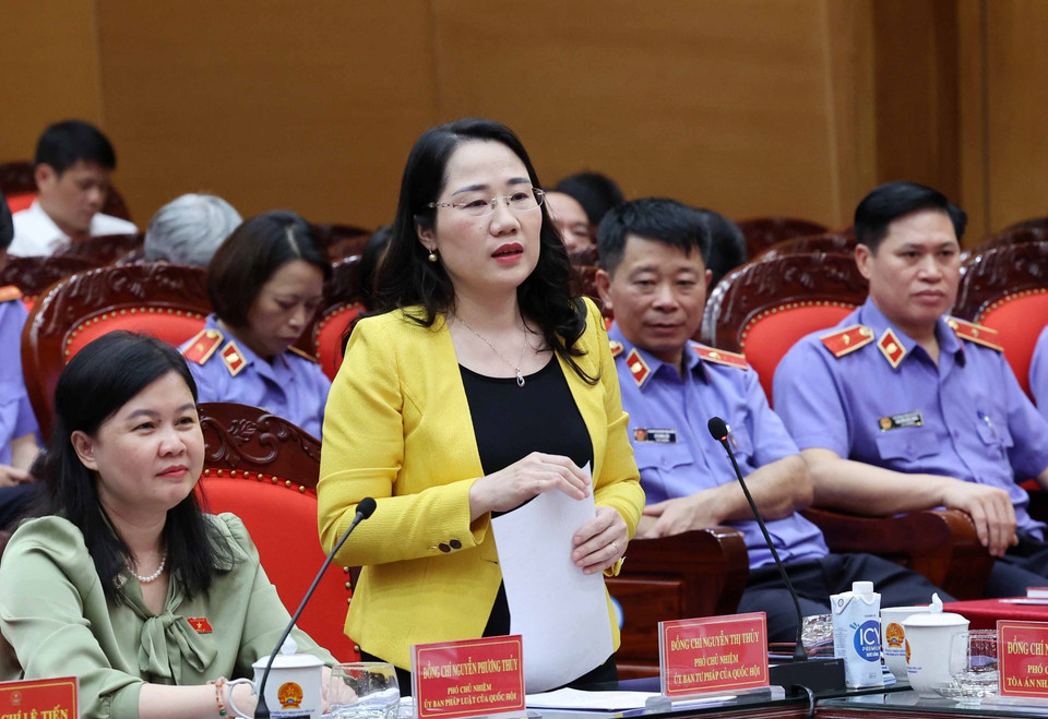 Phó Chủ nhiệm Uỷ ban tư pháp của Quốc hội Nguyễn Thị Thuỷ phát biểu. (Ảnh: Nhan Sáng/TTXVN)