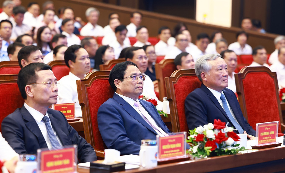 Thủ tướng Phạm Minh Chính dự Hội nghị giới thiệu mô hình chuyển đổi số thành công cấp bộ, ngành. (Ảnh: Dương Giang/TTXVN)