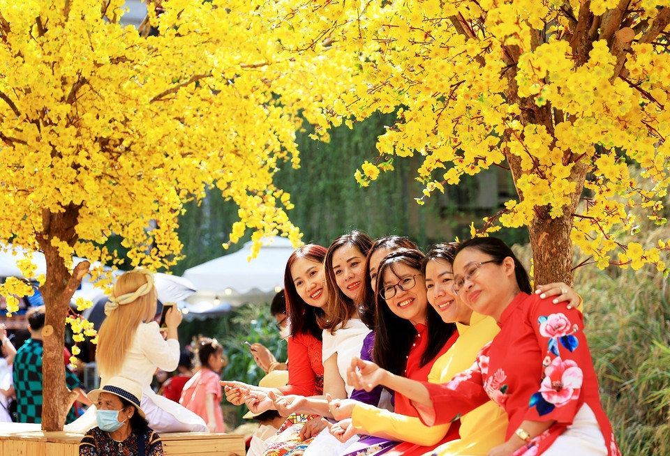 Người dân và du khách tham quan, trải nghiệm không gian mai vàng giữa trung tâm Thành phố Hồ Chí Minh ngày 29 Tết. (Ảnh: Hồng Đạt/TTXVN) 