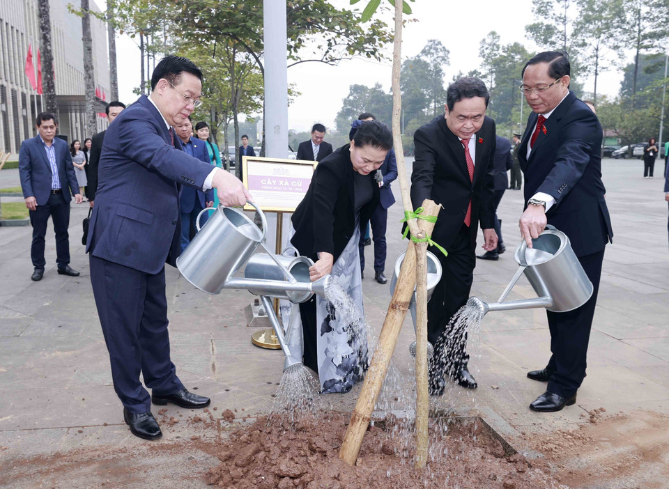 Chủ tịch Quốc hội Vương Đình Huệ, nguyên Chủ tịch Quốc hội Nguyễn Thị Kim Ngân và các vị lãnh đạo Quốc hội trồng cây xà cừ do Chủ tịch Quốc hội Thái Lan Chuan Leekpai tặng. (Ảnh: Doãn Tấn/TTXVN)