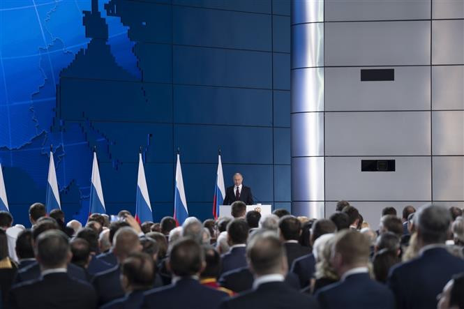 Đây là Thông điệp liên bang đầu tiên trong nhiệm kỳ Tổng thống thứ tư của ông Putin và là bản thông điệp thứ 15 của ông trong những năm giữ cương vị lãnh đạo cao nhất của nước Nga. (Ảnh: Tâm Hằng/TTXVN)