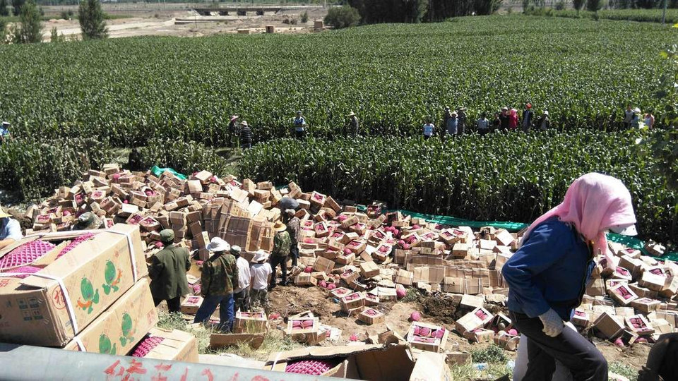 Chiếc xe tải chở đầy dưa lê từ Tân Cương, Trung Quốc đã bị lật khi đi trên cao tốc đoạn qua Trương Dịch, Cam Túc. Người dân địa phương đổ xô ra tranh cướp các thùng dưa lê. (Nguồn: QQ)