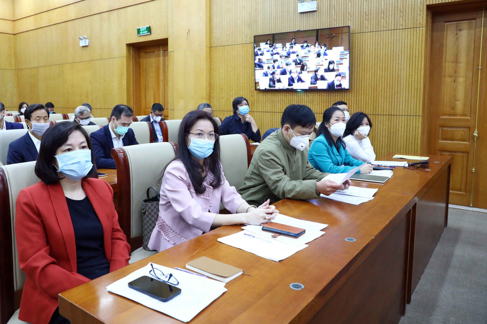 Các đại biểu tham dự Hội nghị Văn hóa toàn quốc tại điểm cầu Đảng ủy Khối các cơ quan Trung ương và Đảng ủy Khối Doanh nghiệp Trung ương. (Ảnh: Phạm Kiên/TTXVN)