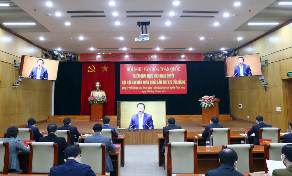 Các đại biểu tham dự Hội nghị Văn hóa toàn quốc tại điểm cầu Đảng ủy Khối các cơ quan Trung ương và Đảng ủy Khối Doanh nghiệp Trung ương. (Ảnh: Phạm Kiên/TTXVN)