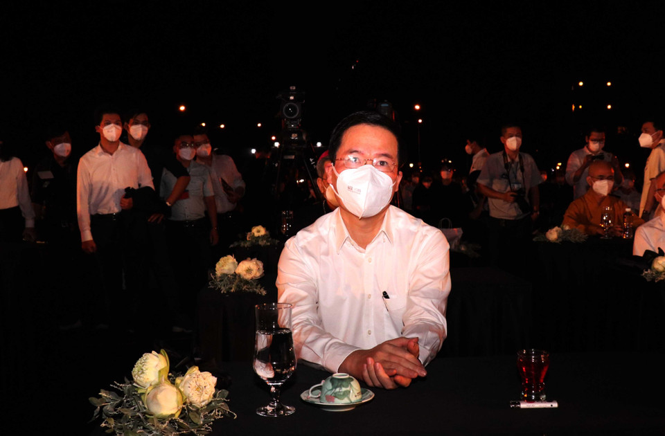 Ủy viên Bộ Chính trị, Thường trực Ban Bí thư Võ Văn Thưởng dự buổi lễ tại điểm cầu Hội trường Thống Nhất, Thành phố Hồ Chí Minh. (Ảnh: Xuân Khu/TTXVN)