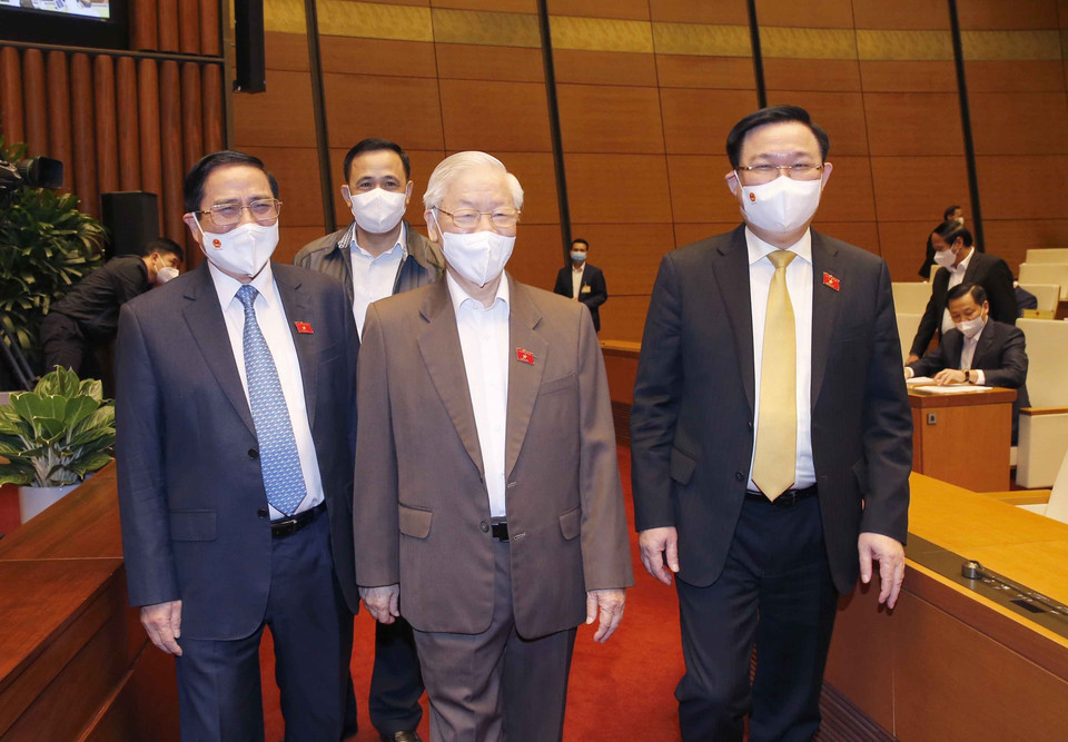 Tổng Bí thư Nguyễn Phú Trọng, Thủ tướng Phạm Minh Chính, Chủ tịch Quốc hội Vương Đình Huệ đến dự phiên họp. (Ảnh: Doãn Tấn/TTXVN)