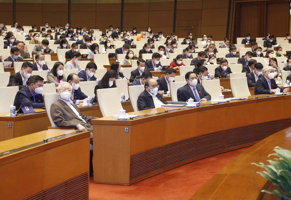 Tổng Bí thư Nguyễn Phú Trọng, Chủ tịch nước Nguyễn Xuân Phúc, Thủ tướng Phạm Minh Chính và các đại biểu dự phiên họp. (Ảnh: Doãn Tấn/TTXVN)