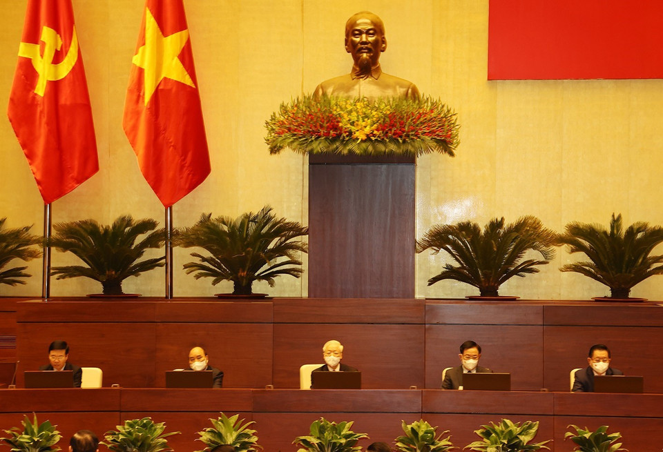 Tổng Bí thư Nguyễn Phú Trọng cùng các đồng chí lãnh đạo Đảng, Nhà nước chủ trì hội nghị. (Ảnh: Trí Dũng/TTXVN)