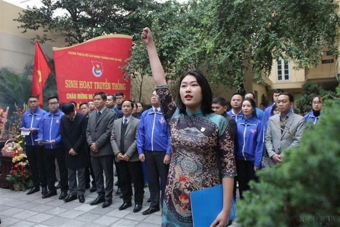 Buổi sinh hoạt truyền thống kỷ niệm 90 năm Ngày thành lập Đảng Cộng sản Việt Nam (3/2/1930-3/2/2020) và Lễ kết nạp Đảng viên mới được tổ chức tại khu di tích 90 Thợ Nhuộm - nơi đồng chí Trần Phú (Tổng Bí thư đầu tiên của Đảng) viết dự thảo luận cương chính trị của Đảng. (Ảnh: Linh Anh/TTXVN)