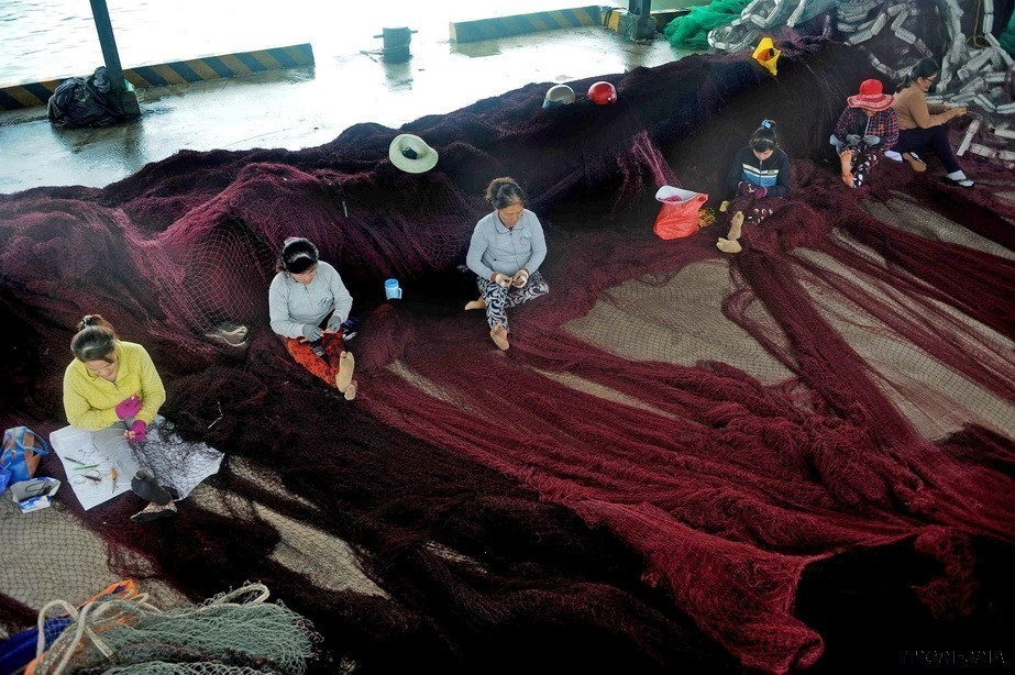 Là một lực lượng lao động xã hội đông đảo, phụ nữ Việt Nam đã tỏ rõ vai trò, khả năng, sức sáng tạo của mình trên mọi lĩnh vực của đời sống xã hội. Trong ảnh: Tại cảng cá Hòn Rớ, thành phố Nha Trang (Khánh Hòa) thường xuyên có khoảng 500 lao động nữ làm nghề vá lưới thuê. (Ảnh: Quang Quyết/TTXVN)