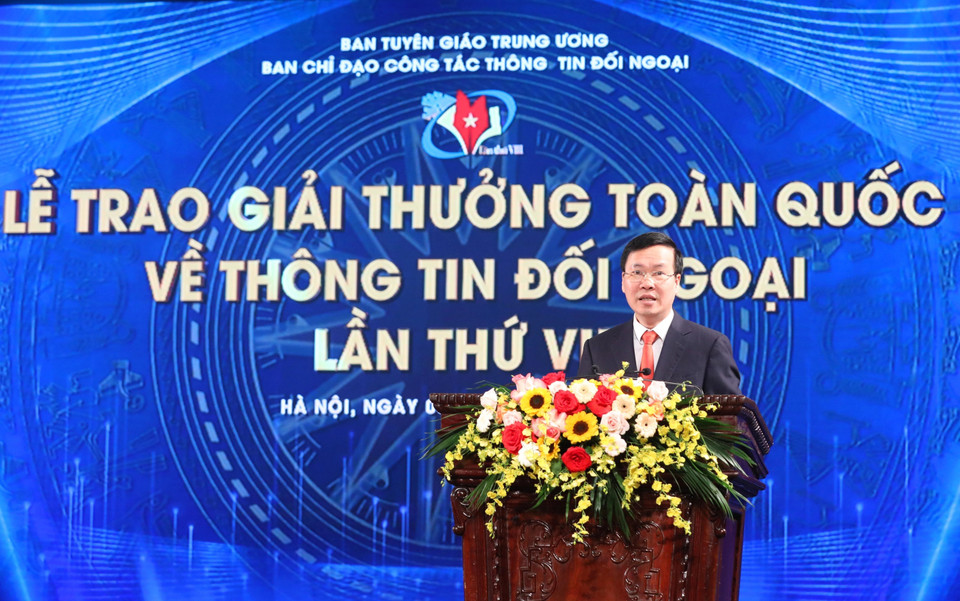 Ông Võ Văn Thưởng, Uỷ viên Bộ Chính trị, Thường trực Ban Bí thư, phát biểu tại Lễ trao giải. (Ảnh: Phương Hoa/TTXVN)